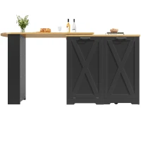 360° Rotating Kitchen Island with Folding 3D Textured Doors and Side Shelves, Swivel Sideboard for Kitchen, 138L x 38W x 105.5H cm, Black(m-9)