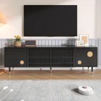 Mobile TV a griglia con dettagli dorati e 4 porte, 170x36x54 cm, Nero(m-1)