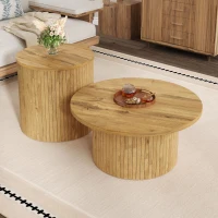 Set di 2 tavolini rotondi da salotto con pannelli a listelli verticali in legno e angoli arrotondati, 75x75x36 cm/50x50x50,5 cm, color legno(m-5)