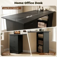 HOMCOM Computer Desk, Writing Table, PC Workstation with 3 Storage Shelves and Drawers, Handle, for Home Office, Black(m-4)