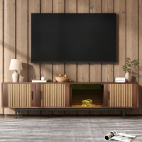 TV-Lowboard cu iluminare LED, 3 uși cu textură sculptată, mult spațiu de depozitare, 200x35x53 cm, Culoare naturală(m-2)
