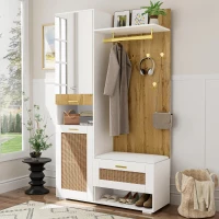 Set cuier cu oglindă și băncuță, iluminare LED, cuier de perete și 6 cârlige aurii pentru haine, 110x38x190 cm, Alb+Culoare naturală(m-4)