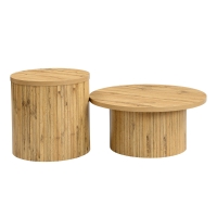 Set de 2 mesas de centro redondas, con frentes de listones de madera natural verticales y esquinas redondeadas, 75x75x36 cm/50x50x50,5 cm, Color natural