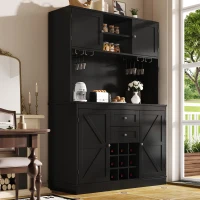 Tall Kitchen Cabinet with 4 Doors & 2 Smooth-Glide Drawers and Adjustable Shelves, Sideboard with Wine Racks, 120L x 40W x 188H cm, Black(m-7)