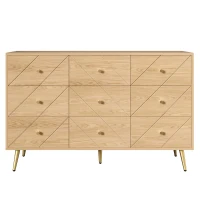 Comodă cu 9 sertare, cu mult spațiu de depozitare, modele geometrice, 120x39x80 cm, Culoare naturală(m-1)