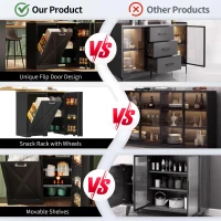 360° Rotating Kitchen Island with Folding 3D Textured Doors and Side Shelves, Swivel Sideboard for Kitchen, 138L x 38W x 105.5H cm, Black(m-5)