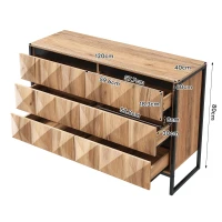 Sideboard mit 6 Schubladen, schwarzem Metallrahmen und geometrischen Schubladenfronten, 120 x 40 x 80 cm, Naturfarbe(m-3)