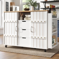 Modern Kitchen Island with Aluminium Handles and 2 Lockable Castors, Serving Trolley with Fold-Out MDF Worktop, 110L x 42W x 90H cm, White