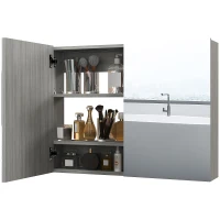 HOMCOM Wandschrank fürs Badezimmer mit Spiegel, Badezimmerschrank, Doppeltüren und verstellbare Regale, 80x15x60cm, grau(m-7)