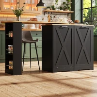 360° Rotating Kitchen Island with Folding 3D Textured Doors and Side Shelves, Swivel Sideboard for Kitchen, 138L x 38W x 105.5H cm, Black(m-1)