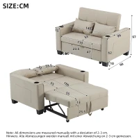 3-In-1 Convertible Pull-Out Sleeper with 3-Position Adjustable Backrest, 2 Seater Sofa Bed for Compact Room, 140L x 96W x 97H cm, Beige(m-3)