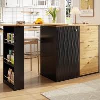 Extendable Bar Table with Pull-Out System and Snack Compartment, Kitchen Island with Drawers and Shelves, 138L x 39W x 104H cm, Black+Natural