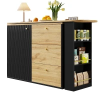 Extendable Bar Table with Pull-Out System and Snack Compartment, Kitchen Island with Drawers and Shelves, 138L x 39W x 104H cm, Black+Natural(m-2)
