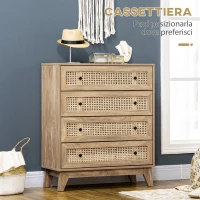 HOMCOM Cassettiera con 4 Cassetti e Inserti in Rattan Stile Boho, 80x35x95 cm, Legno Naturale(m-4)