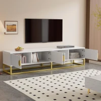 4‑Door Modern TV Cabinet with Semi‑Circular Handles and Soft‑Close Hinges, Media Cabinet with Metal Legs, 180L x 40W x 40.5H cm, White(m-4)