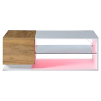 High-Gloss Coffee Table with Open Centre 2-Tier Storage and App-Controlled LED Strip, Desk for Living Room, 105L x 50W x 36H cm, White+Wood(m-10)