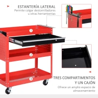 DURHAND Carro de Taller Carro de Herramientas con 3 Bandejas y Cajón Ruedas con Frenos Asa Lateral Panel Lateral Perforado Rojo(m-5)