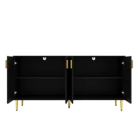 Modern Sideboard with 4 Doors, 2 Drawers and Wave-front Design, MDF Storage Unit with Metallic Handles and Feet, 152L x 40W x 75H cm, Black(m-9)