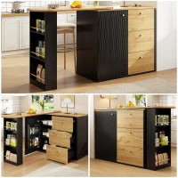 Extendable Bar Table with Pull-Out System and Snack Compartment, Kitchen Island with Drawers and Shelves, 138L x 39W x 104H cm, Black+Natural(m-6)