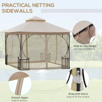 Outsunny 3 x 3(m) Garden Gazebo Patio Party Tent Shelter Outdoor Canopy Double Tier Sun Shade Metal Frame Netting, Beige(m-5)