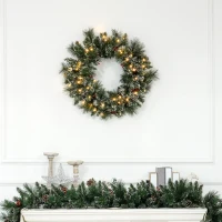 HOMCOM Weihnachtskranz mit LED-Beleuchtung, roten Beeren, realistisches Aussehen, Ø60 x 10 cm, Grün(m-2)