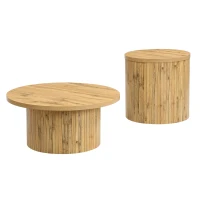 Set di 2 tavolini rotondi da salotto con pannelli a listelli verticali in legno e angoli arrotondati, 75x75x36 cm/50x50x50,5 cm, color legno(m-8)