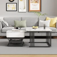 Set 2 tavolini da caffè con cassetto integrato, 70x70x45 cm/50x50x40 cm, Bianco e Nero(m-1)