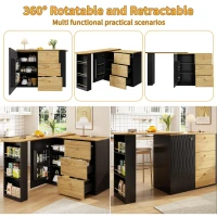 Extendable Bar Table with Pull-Out System and Snack Compartment, Kitchen Island with Drawers and Shelves, 138L x 39W x 104H cm, Black+Natural(m-5)