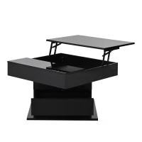Tavolino da salotto girevole 360° con piano sollevabile, spazio a scomparsa e cassetto, 70x70x45 cm, Nero(m-2)