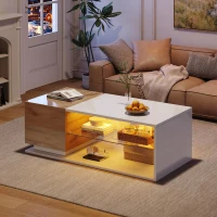 High-Gloss Coffee Table with Open Centre 2-Tier Storage and App-Controlled LED Strip, Desk for Living Room, 105L x 50W x 36H cm, White+Wood(m-1)