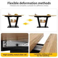 Extendable Dining Table with Marbled MDF Top and V-Shaped Metal Legs, Space-Saving Desk for Seats 6–8, 118L x 70W x 75H cm, Black+Natural(m-5)