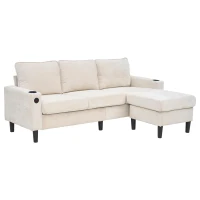 L-Shaped Corner Sofa with USB Charging Ports and Cup Holders, Modular Sofa with Storage Ottoman and Pockets, 202L x 137W x 80H cm, Beige(m-12)