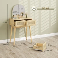 HOMCOM Toeletta per Trucco con Specchio ad Arco e 2 Cassetti con Fronte in Rattan, per Spazi Ridotti, Color Naturale(m-3)