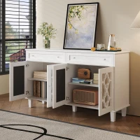 Credenza buffeti con 4 ante a specchio e maniglie in cristallo, 140x40x83 cm, Bianco(m-5)