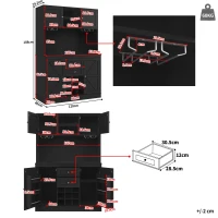 Tall Kitchen Cabinet with 4 Doors & 2 Smooth-Glide Drawers and Adjustable Shelves, Sideboard with Wine Racks, 120L x 40W x 188H cm, Black(m-3)
