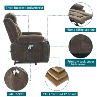 Electric Power Lift Recliner Armchair with Vibration Massage and Lumbar Heating, Sofa with Cup Holders & Side Pocket, 95L x 94W x 107H cm, Brown(m-5)