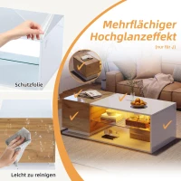 High-Gloss Coffee Table with Open Centre 2-Tier Storage and App-Controlled LED Strip, Desk for Living Room, 105L x 50W x 36H cm, White+Wood(m-6)