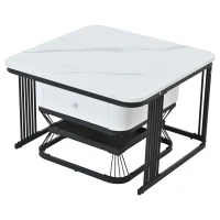 Set 2 tavolini da caffè con cassetto integrato, 70x70x45 cm/50x50x40 cm, Bianco e Nero(m-9)