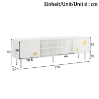 Mobile TV a griglia con dettagli dorati e 4 porte, 170x36x54 cm, Bianco(m-3)