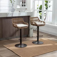 Set of 2 Modern Swivel Bar Stools with Wicker Rattan Weave and Padded Linen Seat, Counter Stools for Living Room, 48L x 49W x 89H cm, Beige(m-1)