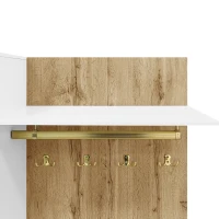 Set cuier cu oglindă și băncuță, iluminare LED, cuier de perete și 6 cârlige aurii pentru haine, 110x38x190 cm, Alb+Culoare naturală(m-6)