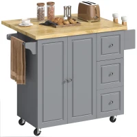 HOMCOM Kitchen Island on Wheels, Rolling Kitchen Storage Trolley with Drop Leaf, Drawers, Towel and Spice Rack, Grey(m-10)