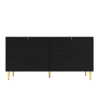 Modern Sideboard with 4 Doors, 2 Drawers and Wave-front Design, MDF Storage Unit with Metallic Handles and Feet, 152L x 40W x 75H cm, Black(m-11)