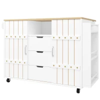 Modern Kitchen Island with Aluminium Handles and 2 Lockable Castors, Serving Trolley with Fold-Out MDF Worktop, 110L x 42W x 90H cm, White(m-12)