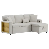 3 Seater Corner Sofa with Integrated Side Shelf and Built-in USB, Modular Sofa with Footstool and 3 Cushions, 214L x 131W x 87H cm, Beige(m-12)
