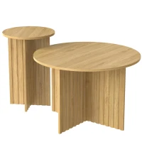 Set 2 tavolini da salotto annidiati con piani rotondi e struttura laterale verticale, 76x76x50 cm/40x40x56,5 cm, color legno(m-8)