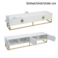4‑Door Modern TV Cabinet with Semi‑Circular Handles and Soft‑Close Hinges, Media Cabinet with Metal Legs, 180L x 40W x 40.5H cm, White(m-3)
