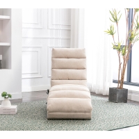 Modern Chaise Longue with Side Storage Pocket and Fixed 140° Backrest, Linen Deck Chair for Living Room, 148L x 55W x 87H cm, Beige