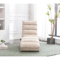 Modern Chaise Longue with Side Storage Pocket and Fixed 140° Backrest, Linen Deck Chair for Living Room, 148L x 55W x 87H cm, Beige(m-1)