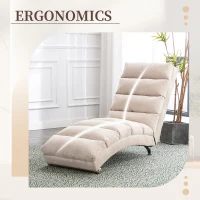 Modern Chaise Longue with Side Storage Pocket and Fixed 140° Backrest, Linen Deck Chair for Living Room, 148L x 55W x 87H cm, Beige(m-4)